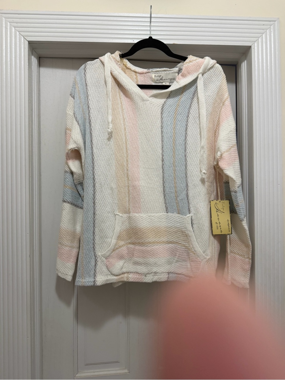 Vintage Cream Hoodie with Pastel Pink, Blue, and Tan Stripes